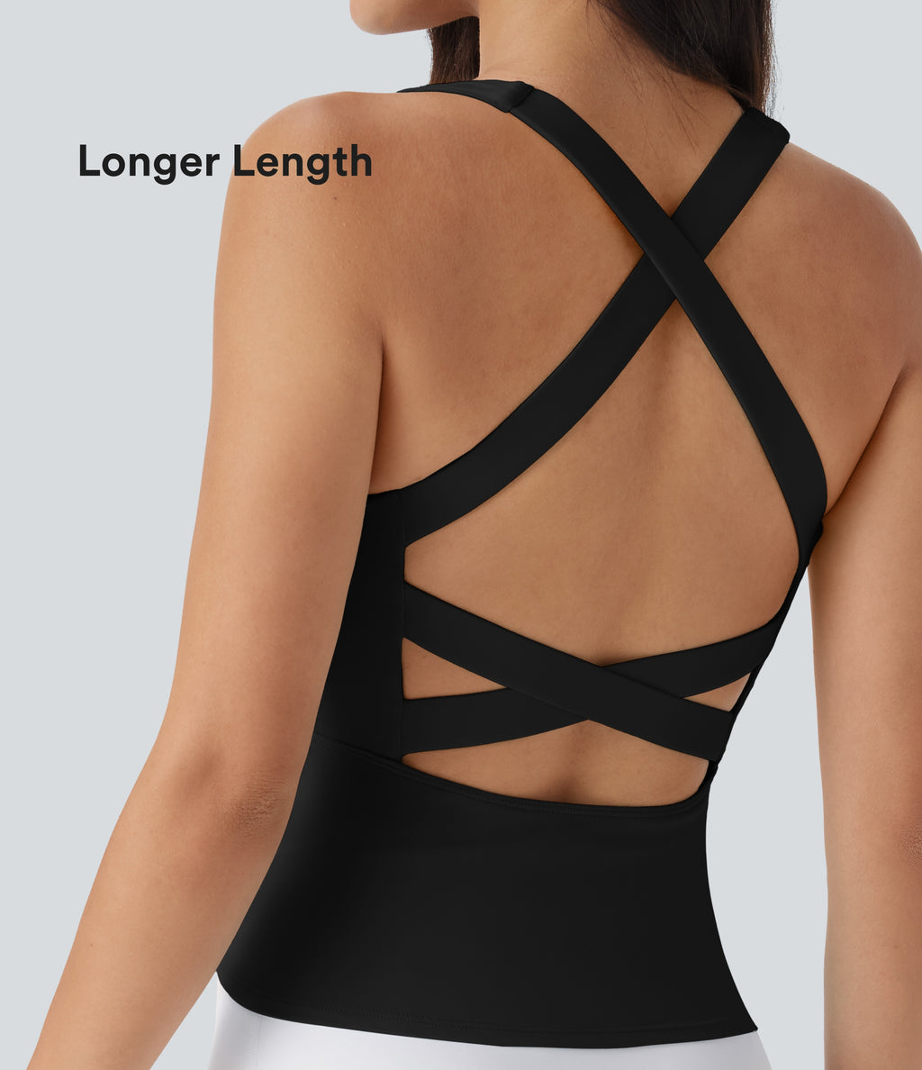Airy Square Neck Cropped InstantCool Running Tank Top-Longer Length — Black — view 1