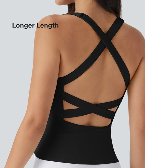 Airy Square Neck Cropped InstantCool Running Tank Top-Longer Length — Black — view 1