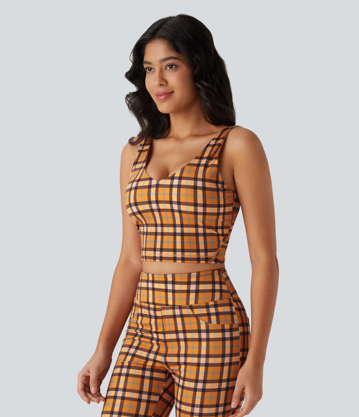 V Neck Backless Plaid Cropped Yoga Tank Vest Top — Blue Orange Purple Plaid — view 3