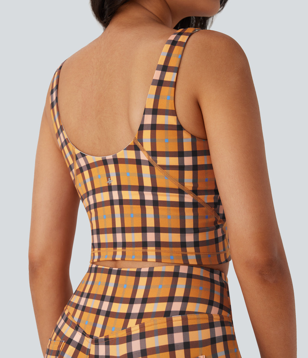 V Neck Backless Plaid Cropped Yoga Tank Vest Top — Blue Orange Purple Plaid — view 4
