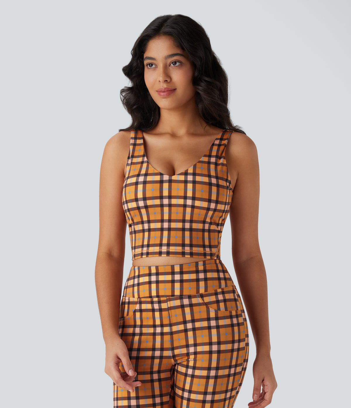 V Neck Backless Plaid Cropped Yoga Tank Vest Top — Blue Orange Purple Plaid — view 1