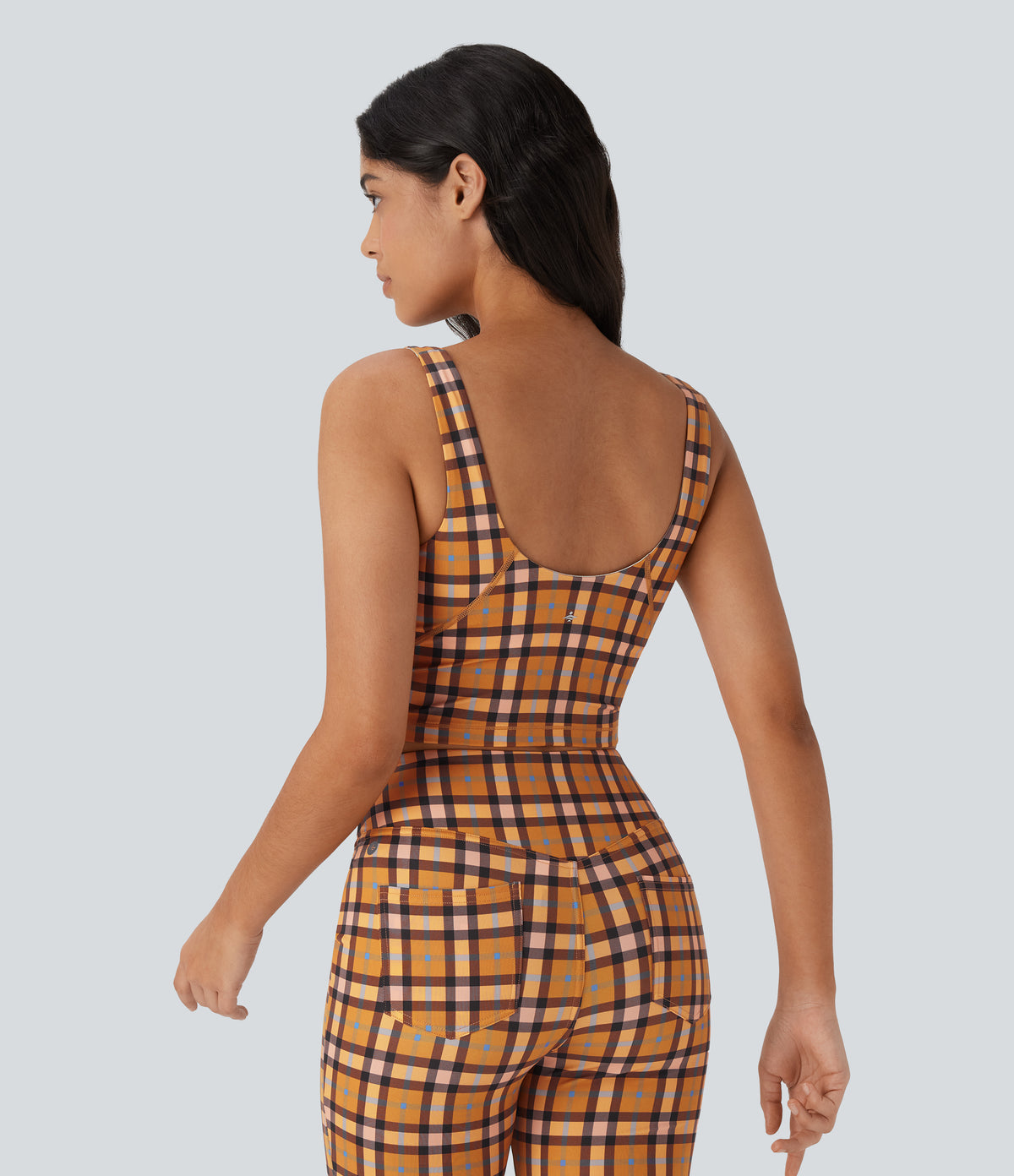 V Neck Backless Plaid Cropped Yoga Tank Vest Top — Blue Orange Purple Plaid — view 2