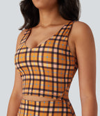 V Neck Backless Plaid Cropped Yoga Tank Vest Top — Blue Orange Purple Plaid — view 5