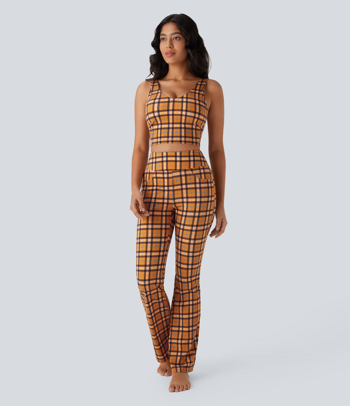 V Neck Backless Plaid Cropped Yoga Tank Vest Top — Blue Orange Purple Plaid — view 6