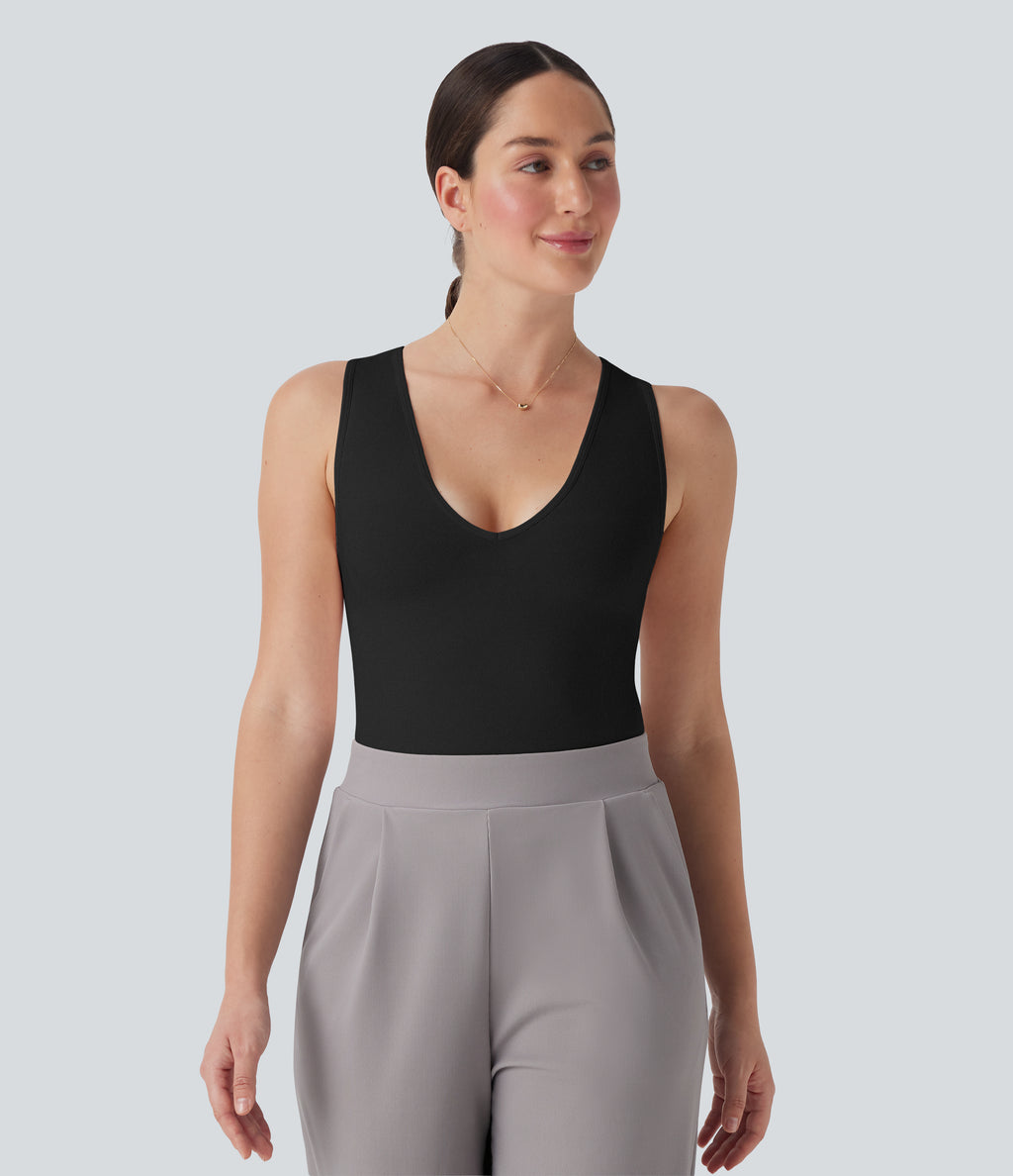 OneForm Seamless Flow V Neck Sleeveless Work Shapewear Bodysuit-Edition — Black — view 7
