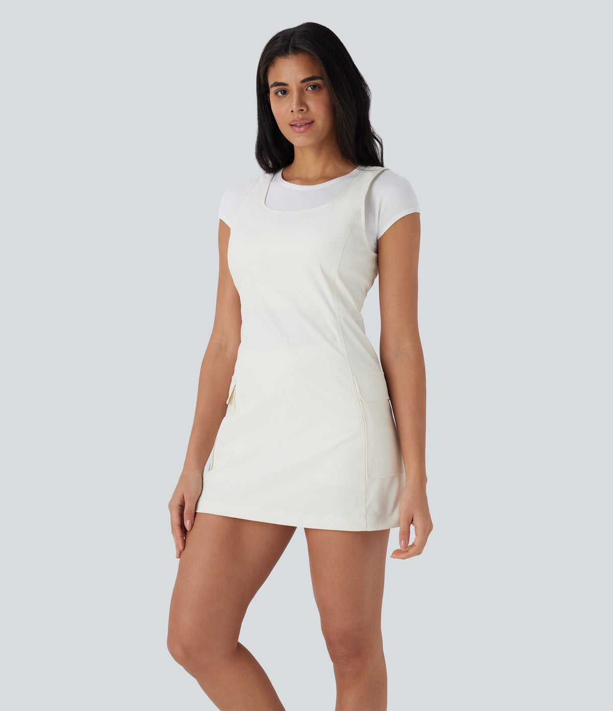Water Repellent Wear-Resistant Backless 2-Piece Mini Camping Cargo Dress with Multiple Pockets — Oak White — view 3