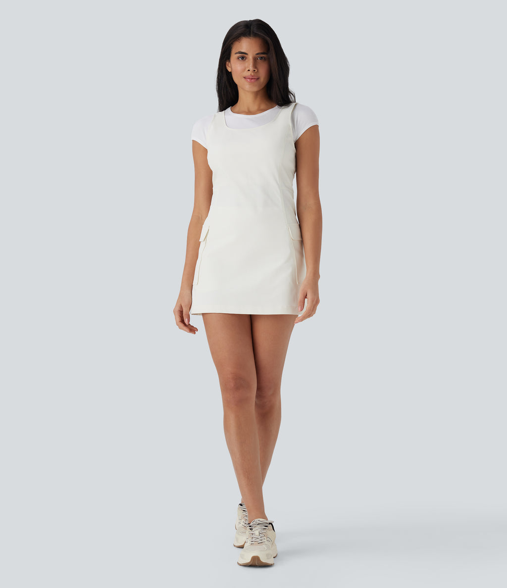 Water Repellent Wear-Resistant Backless 2-Piece Mini Camping Cargo Dress with Multiple Pockets — Oak White — view 7