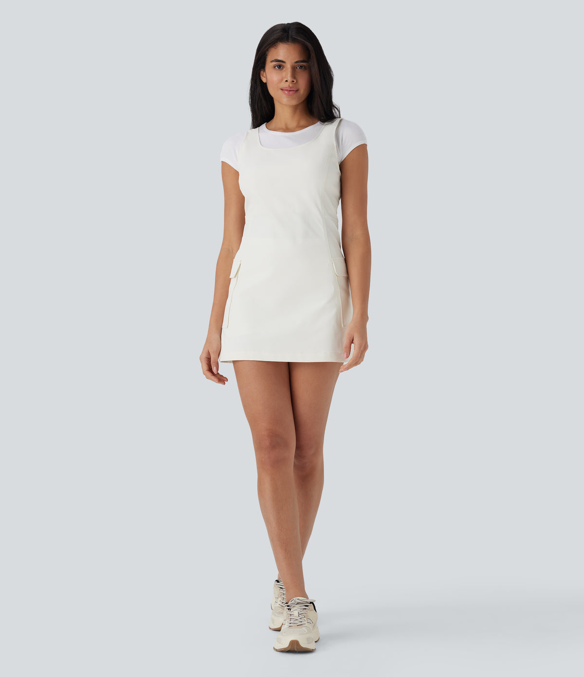 Water Repellent Wear-Resistant Backless 2-Piece Mini Camping Cargo Dress with Multiple Pockets — Oak White — view 7
