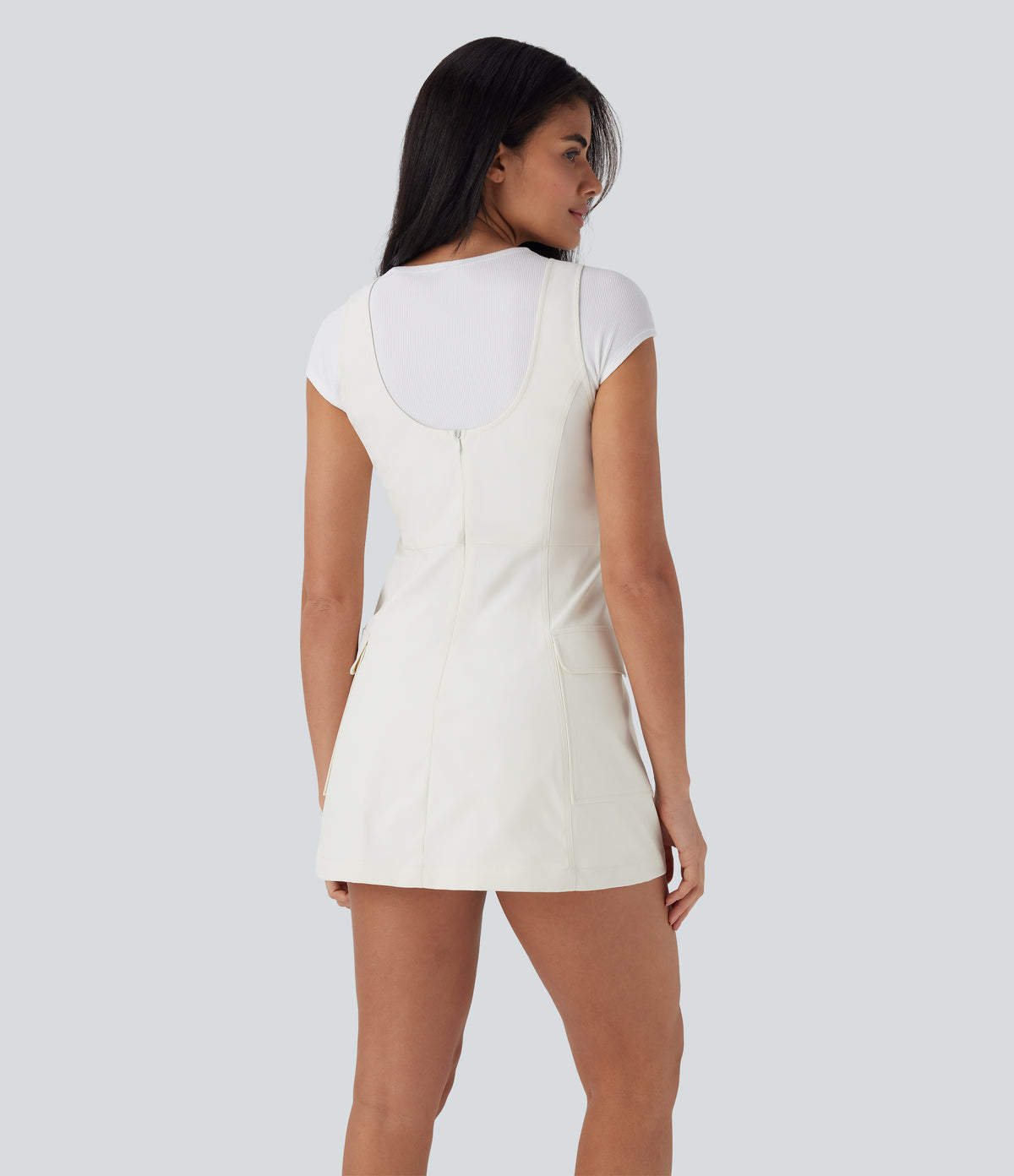 Water Repellent Wear-Resistant Backless 2-Piece Mini Camping Cargo Dress with Multiple Pockets — Oak White — view 2