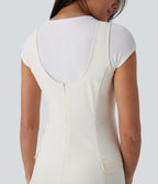 Water Repellent Wear-Resistant Backless 2-Piece Mini Camping Cargo Dress with Multiple Pockets — Oak White — view 4