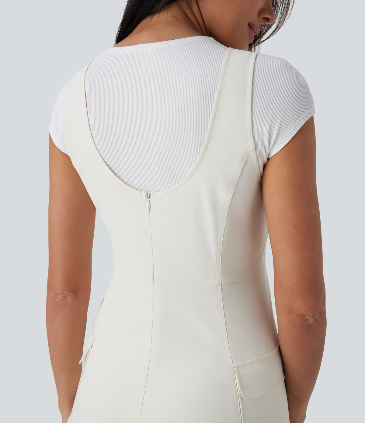 Water Repellent Wear-Resistant Backless 2-Piece Mini Camping Cargo Dress with Multiple Pockets — Oak White — view 4