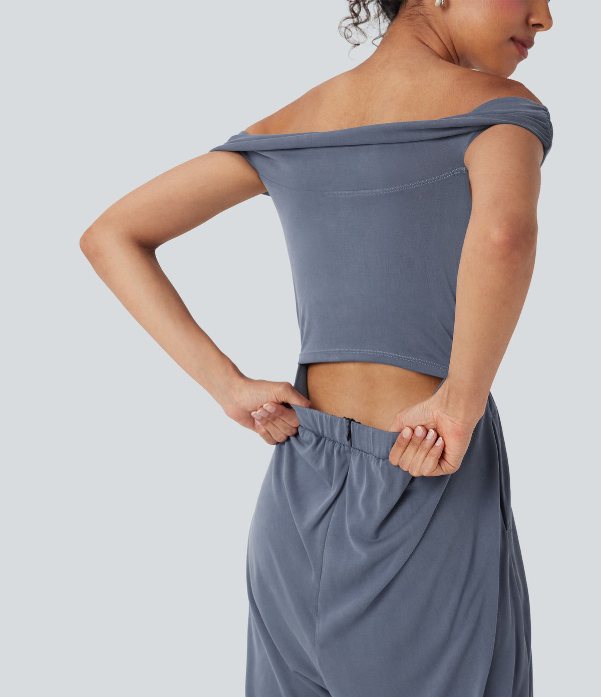 Off Shoulder Back Zipper Casual Jumpsuit with Pockets — Flint Stone — view 3