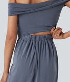 Off Shoulder Back Zipper Casual Jumpsuit with Pockets — Flint Stone — view 4
