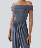 Off Shoulder Back Zipper Casual Jumpsuit with Pockets — Flint Stone — view 5
