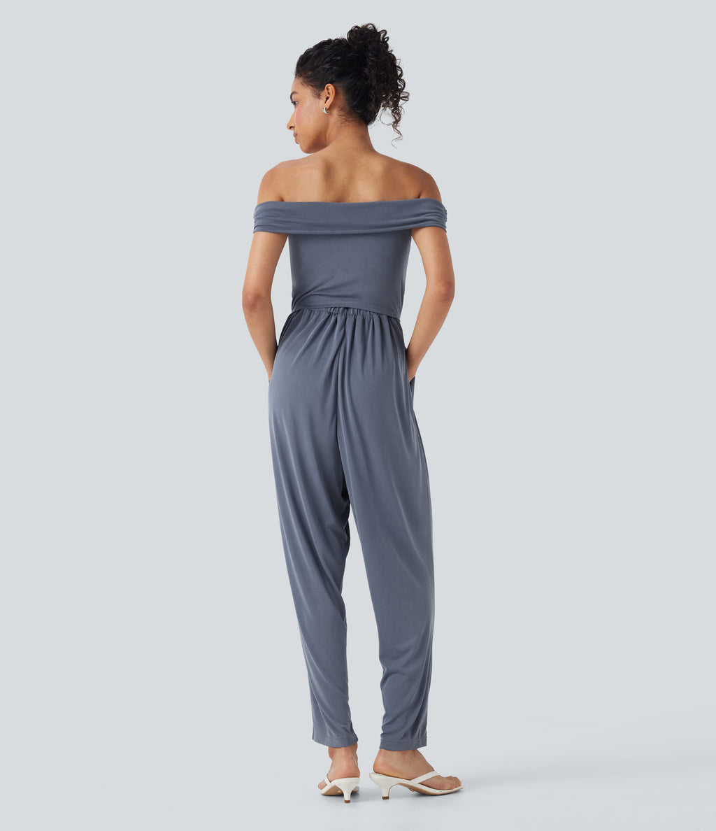 Off Shoulder Back Zipper Casual Jumpsuit with Pockets — Flint Stone — view 2
