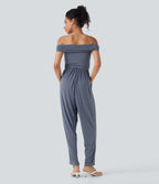Off Shoulder Back Zipper Casual Jumpsuit with Pockets — Flint Stone — view 2