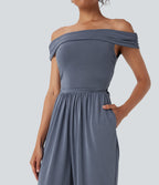 Off Shoulder Back Zipper Casual Jumpsuit with Pockets — Flint Stone — view 6