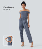 Off Shoulder Back Zipper Casual Jumpsuit with Pockets — Flint Stone — view 1