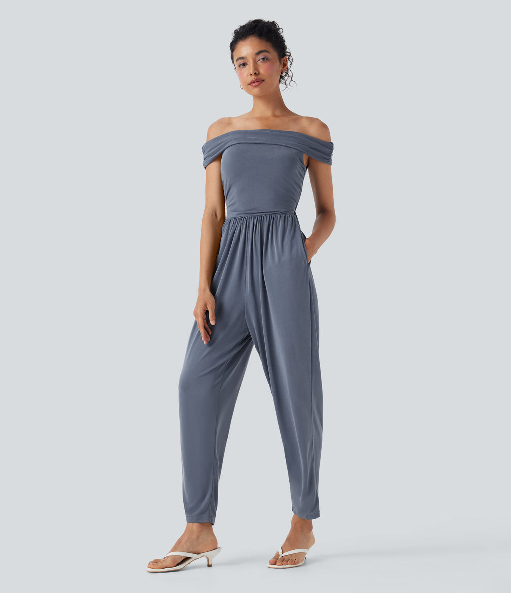 Off Shoulder Back Zipper Casual Jumpsuit with Pockets — Flint Stone — view 7