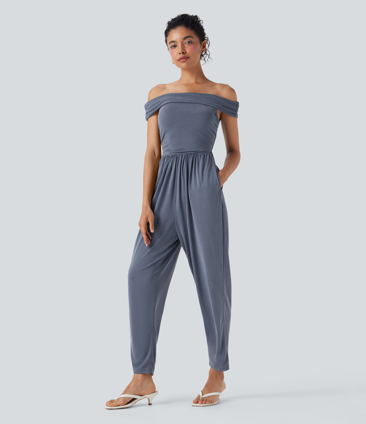 Off Shoulder Back Zipper Casual Jumpsuit with Pockets — Flint Stone — view 7