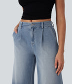 Mid Rise Capri Wide Leg Washed Casual Jeans with Pockets — Malibu Blue Denim — view 4