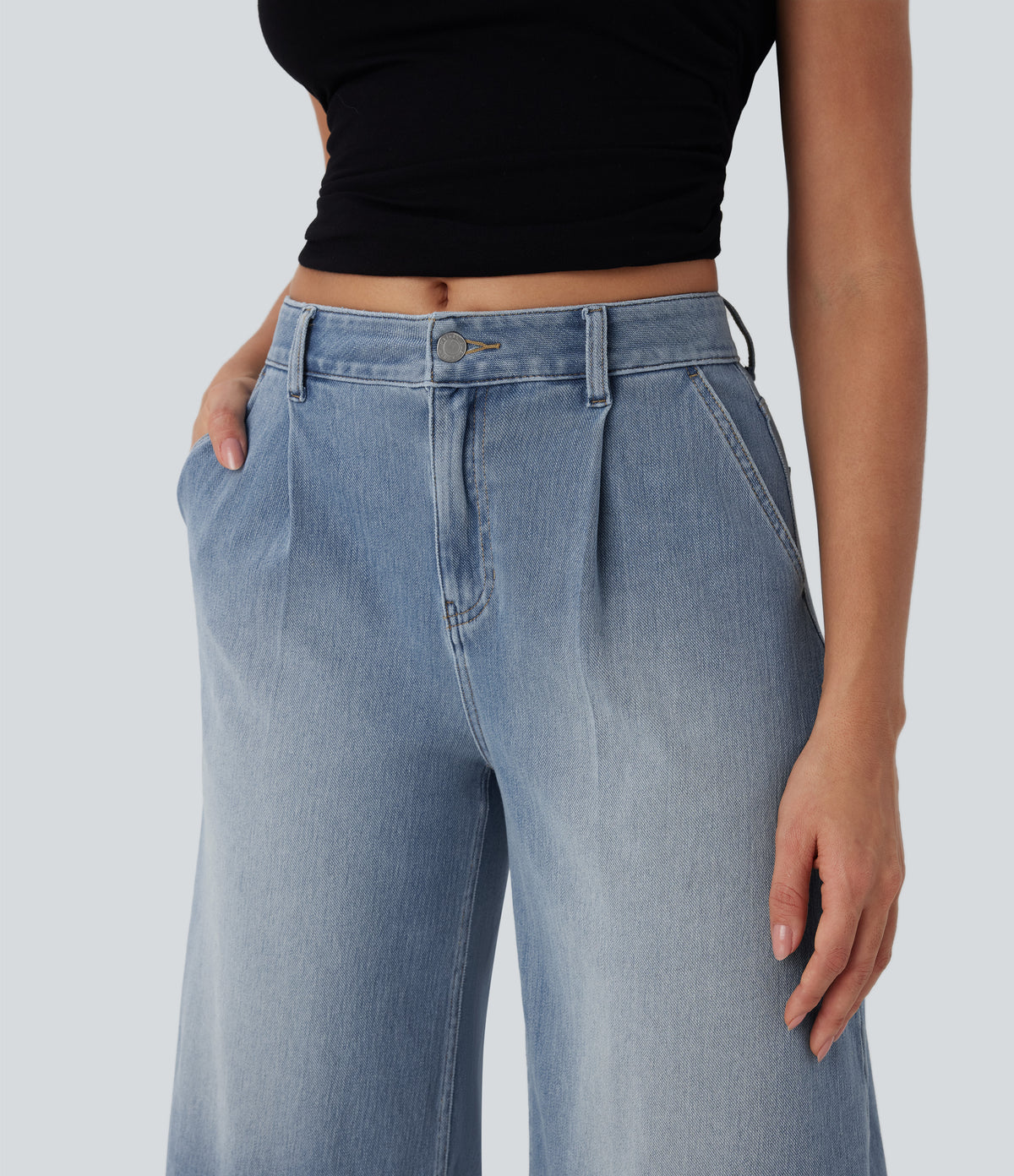 Mid Rise Capri Wide Leg Washed Casual Jeans with Pockets — Malibu Blue Denim — view 4