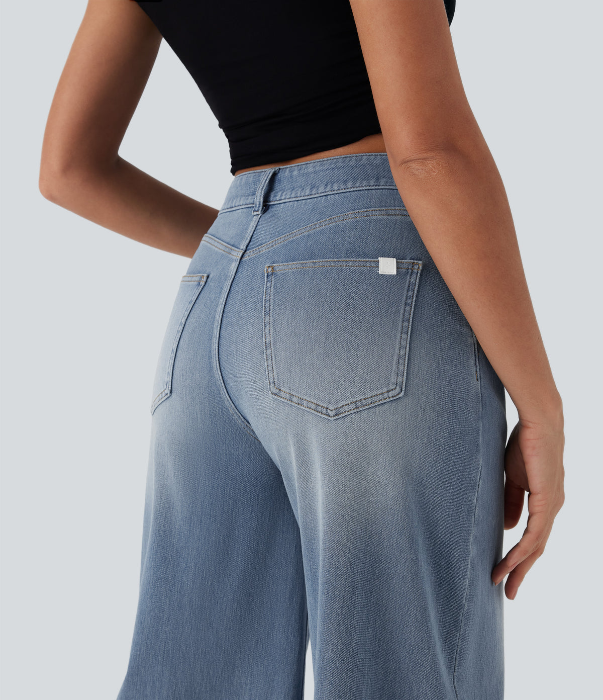 Mid Rise Capri Wide Leg Washed Casual Jeans with Pockets — Malibu Blue Denim — view 5