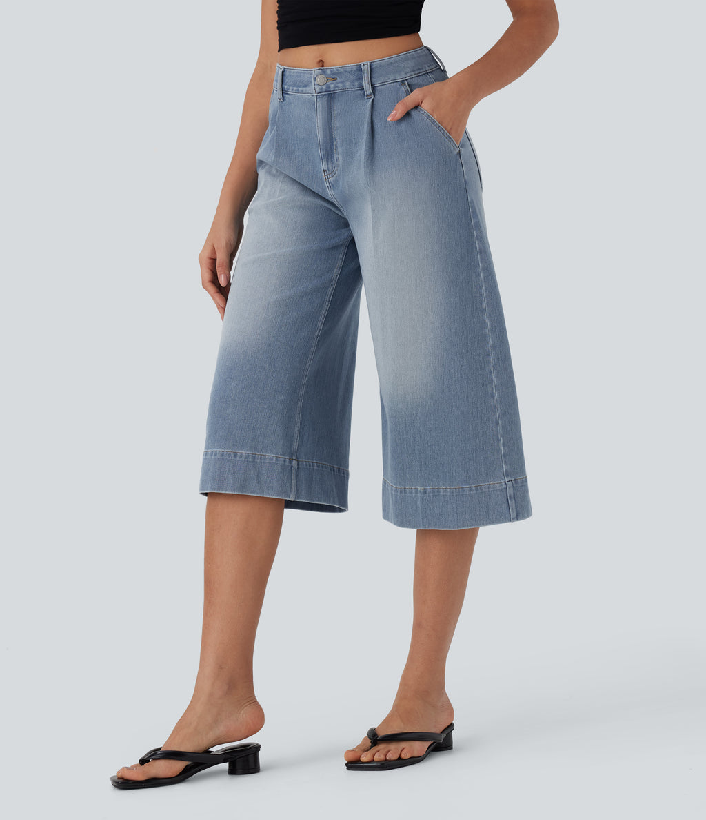 Mid Rise Capri Wide Leg Washed Casual Jeans with Pockets — Malibu Blue Denim — view 3