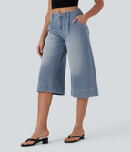 Mid Rise Capri Wide Leg Washed Casual Jeans with Pockets — Malibu Blue Denim — view 3