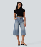 Mid Rise Capri Wide Leg Washed Casual Jeans with Pockets — Malibu Blue Denim — view 6
