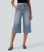 Mid Rise Capri Wide Leg Washed Casual Jeans with Pockets — Malibu Blue Denim — view 1
