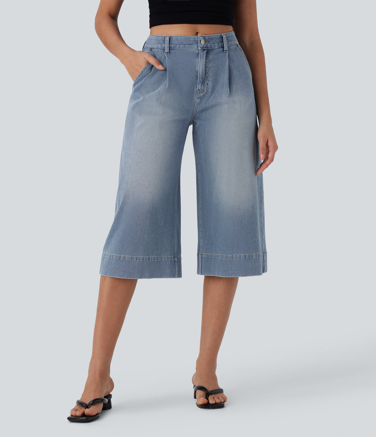 Mid Rise Capri Wide Leg Washed Casual Jeans with Pockets — Malibu Blue Denim — view 1