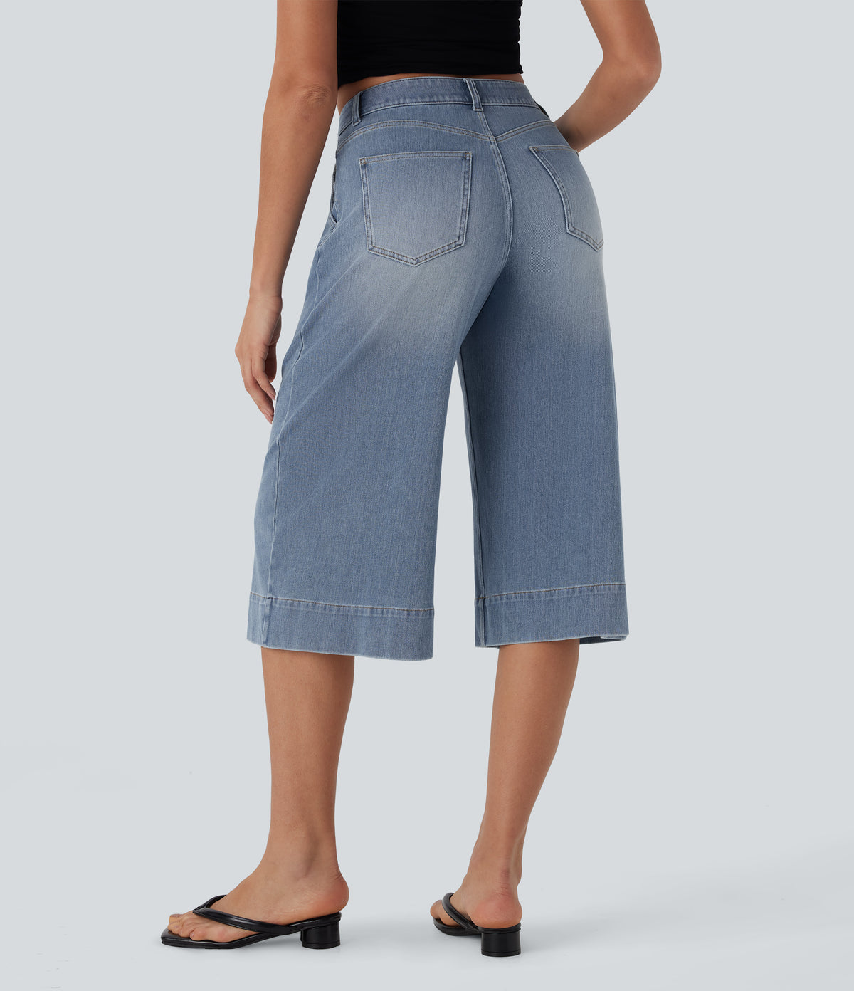 Mid Rise Capri Wide Leg Washed Casual Jeans with Pockets — Malibu Blue Denim — view 2