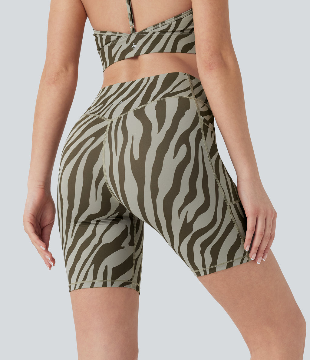High Waisted Tummy Control Zebra Print Training Biker Shorts 7'' with Pockets — Sage Zebra — view 2