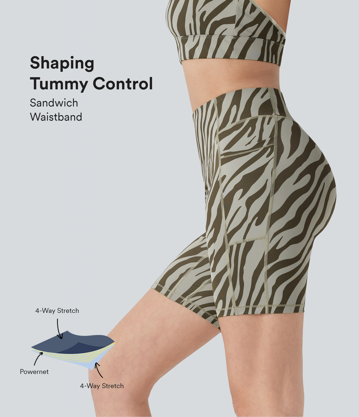 High Waisted Tummy Control Zebra Print Training Biker Shorts 7'' with Pockets — Sage Zebra — view 1