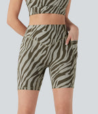 High Waisted Tummy Control Zebra Print Training Biker Shorts 7'' with Pockets — Sage Zebra — view 3