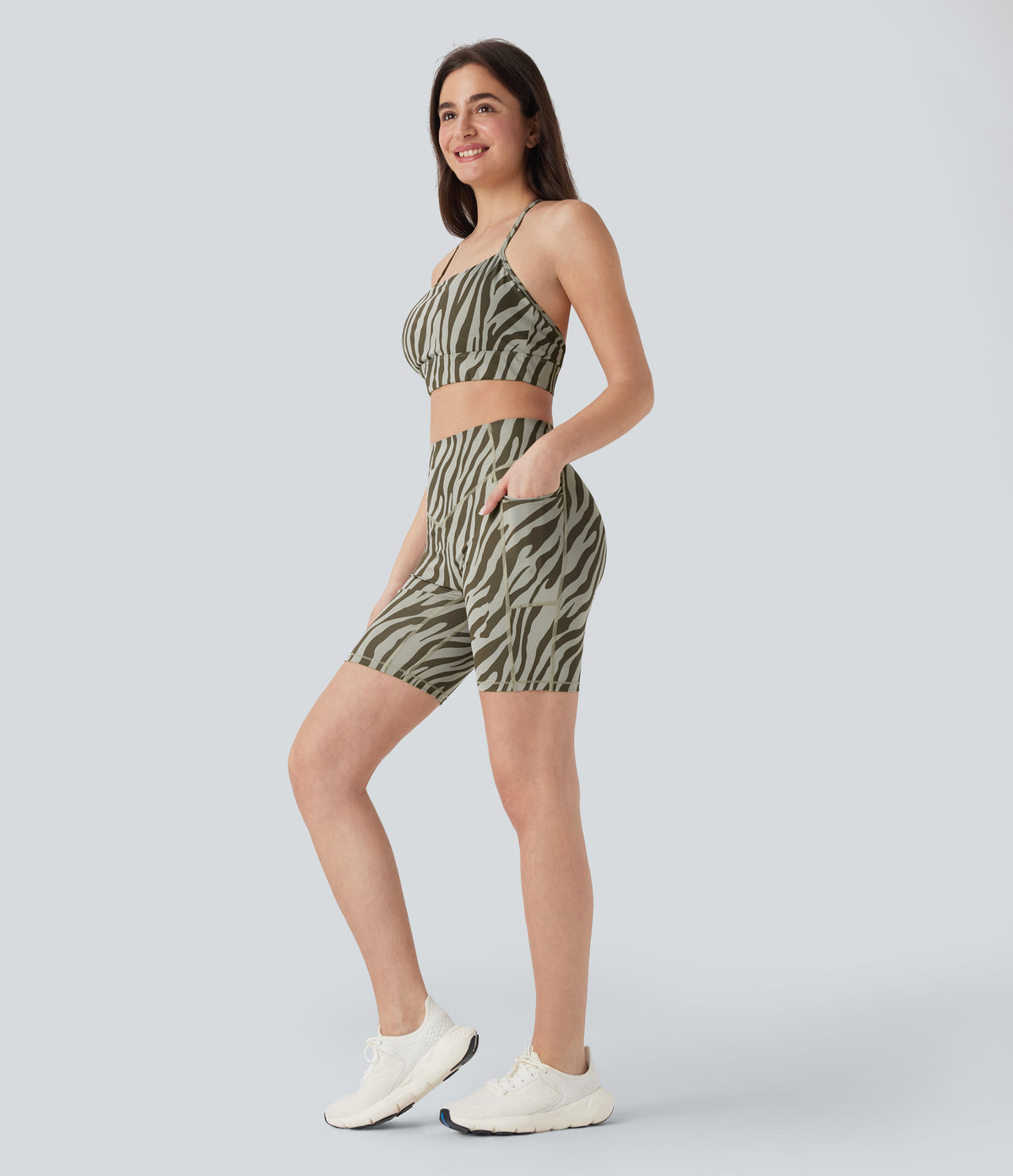 High Waisted Tummy Control Zebra Print Training Biker Shorts 7'' with Pockets — Sage Zebra — view 6