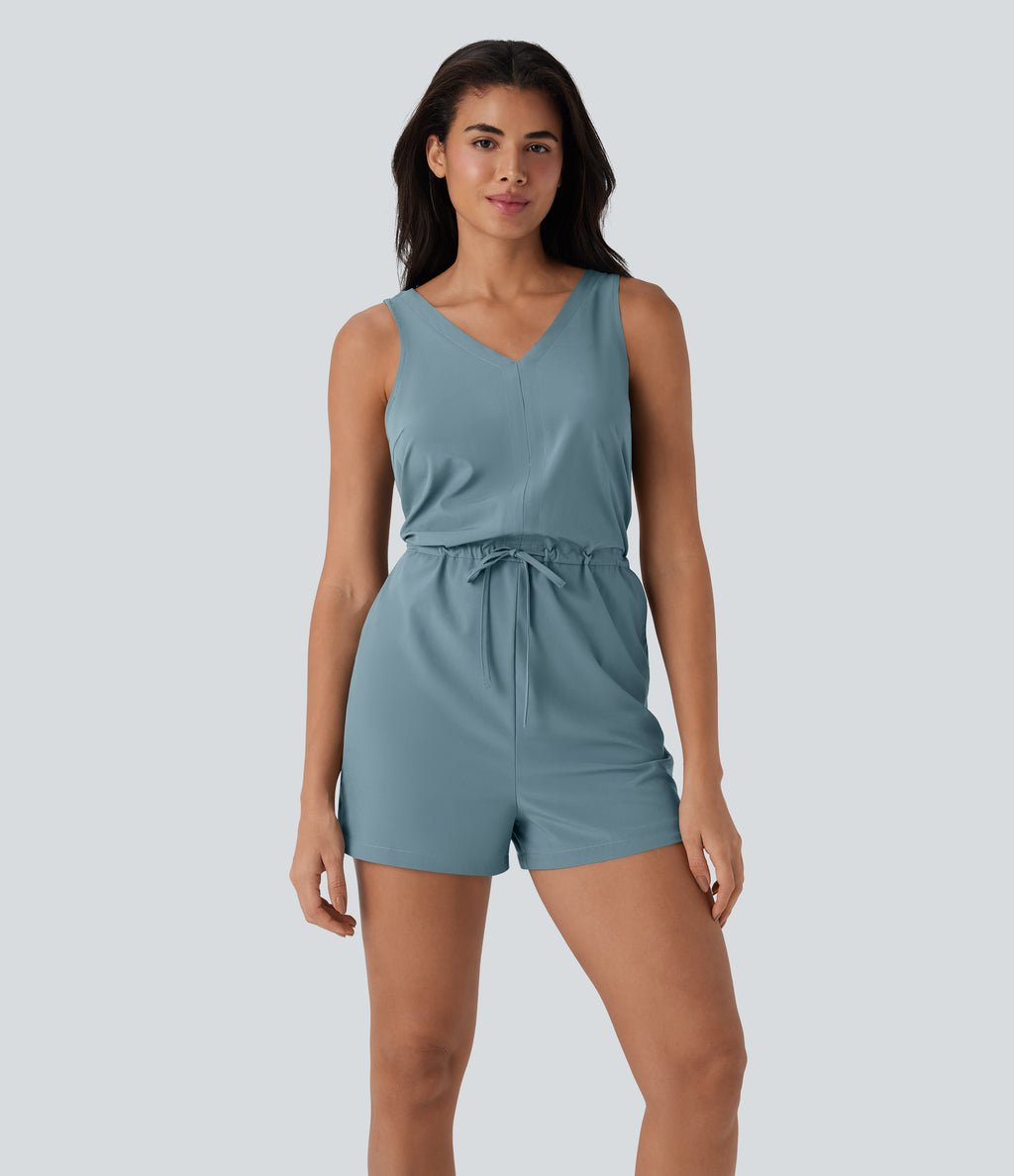 Sleeveless Cut Out Drawstring Quick Dry Hiking Playsuit with Side Pockets — Stone Blue — view 1