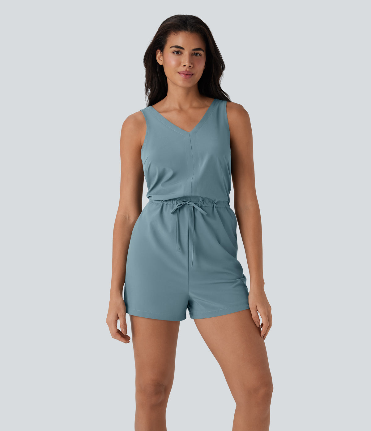 Sleeveless Cut Out Drawstring Quick Dry Hiking Playsuit with Side Pockets — Stone Blue — view 1