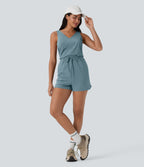 Sleeveless Cut Out Drawstring Quick Dry Hiking Playsuit with Side Pockets — Stone Blue — view 8