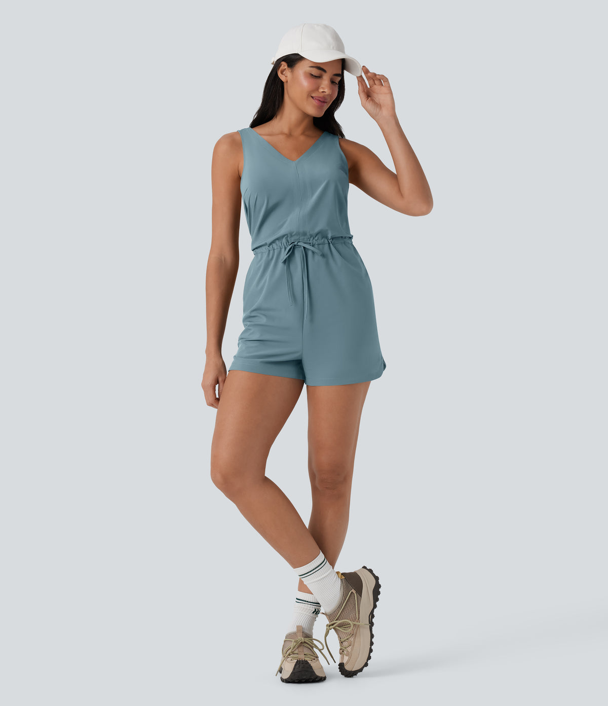 Sleeveless Cut Out Drawstring Quick Dry Hiking Playsuit with Side Pockets — Stone Blue — view 8