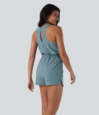 Sleeveless Cut Out Drawstring Quick Dry Hiking Playsuit with Side Pockets — Stone Blue — view 2
