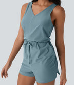 Sleeveless Cut Out Drawstring Quick Dry Hiking Playsuit with Side Pockets — Stone Blue — view 4