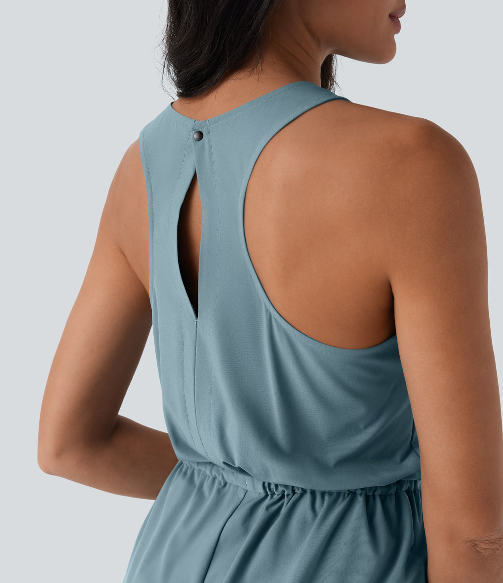 Sleeveless Cut Out Drawstring Quick Dry Hiking Playsuit with Side Pockets — Stone Blue — view 5