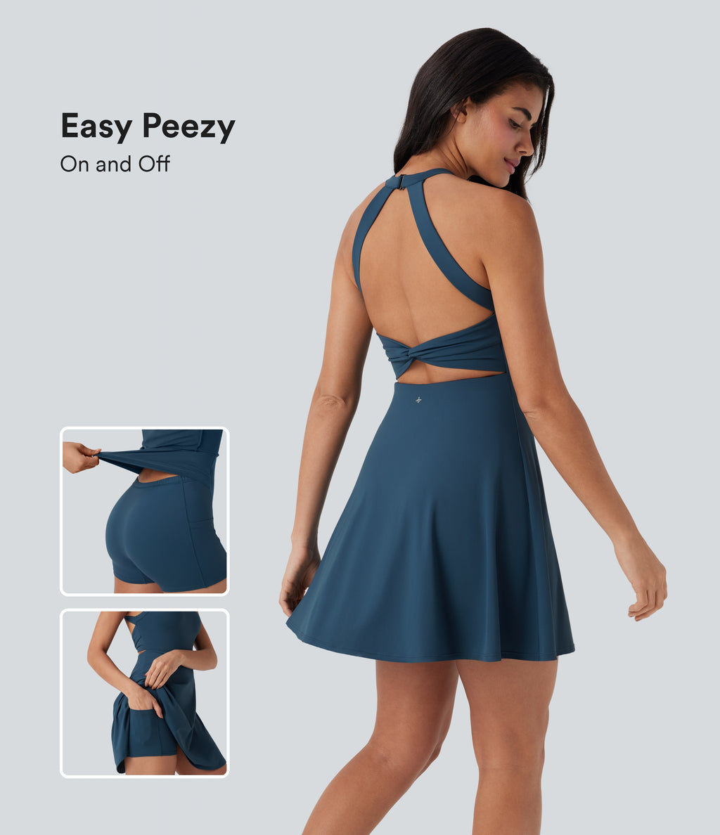 Airy Backless Twisted Dance Active Dress — Majolica Blue — view 1