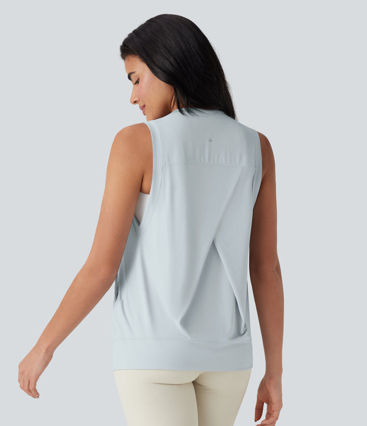 Round Neck Yoga Tank Vest Top with Side Pockets-UPF50+ — Frost Veil — view 1