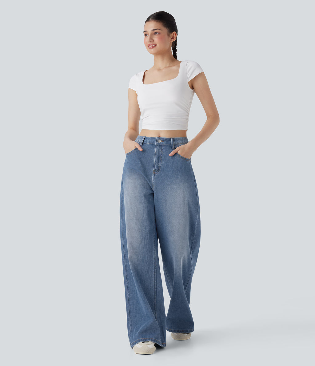 Mid Rise Washed Casual Baggy Jeans with Pockets — Tide Blue Denim — view 6