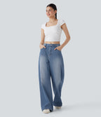 Mid Rise Washed Casual Baggy Jeans with Pockets — Tide Blue Denim — view 6