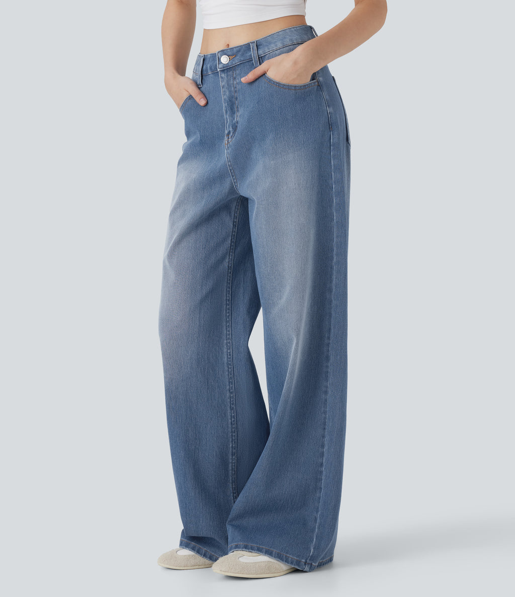 Mid Rise Washed Casual Baggy Jeans with Pockets — Tide Blue Denim — view 1
