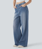 Mid Rise Washed Casual Baggy Jeans with Pockets — Tide Blue Denim — view 1